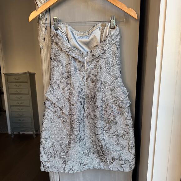 ABS Allen Schwartz Dress Sz 2 Women’s Strapless Metallic Silver Brocade Mini - Picture 2 of 9
